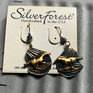 Silver Forest Gold Horse Earrings with Blue Accents